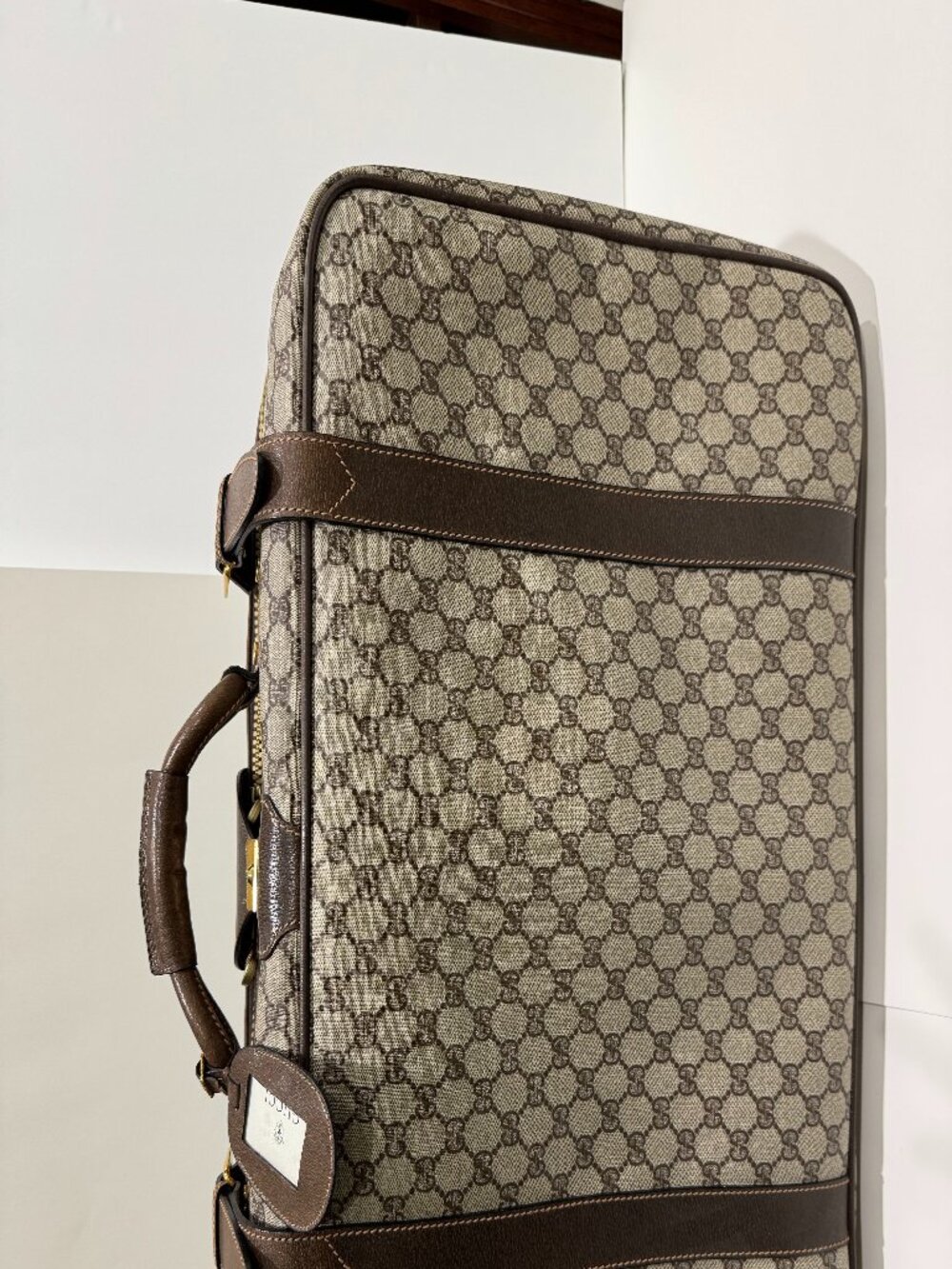 Vintage Gucci GG Monogram Suitcase 24” Brown Leather Trim & Luggage Tag
